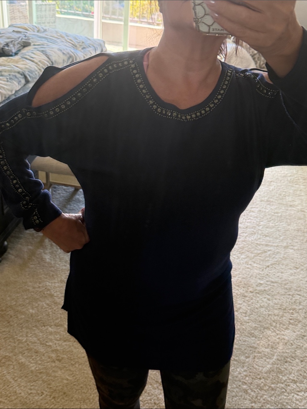 Newman Marcus Cold-Shoulder Embellished Navy Women's Top